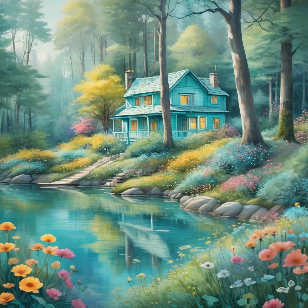 Turquoise Fantasy Cottage in Whimsical Forest