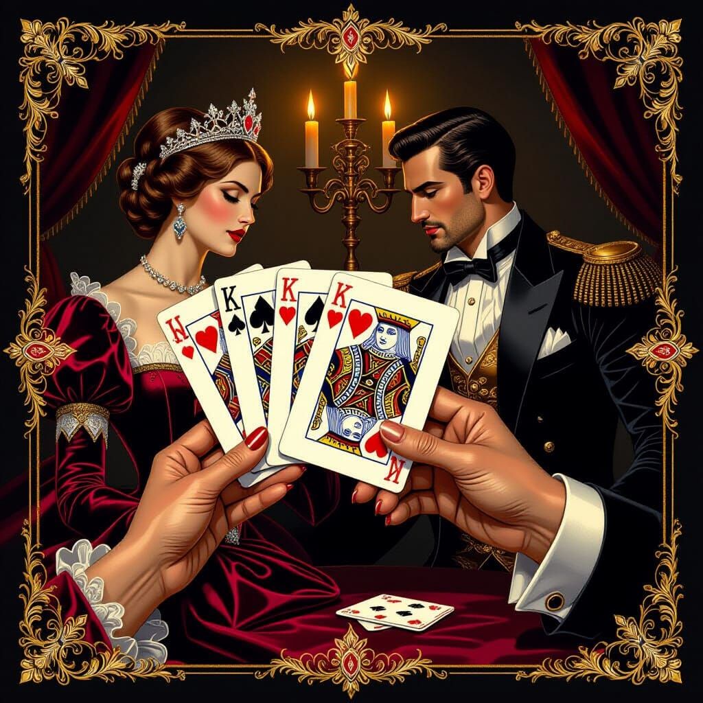 Ornate Queen and King Cards Duel in Baroque Style