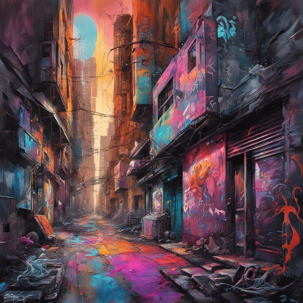 Gothic Sci-Fi Graffiti Art: Colorful Street Scene