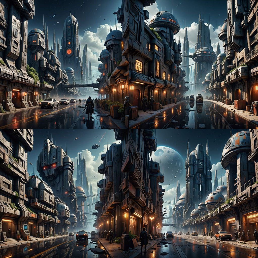 Futuristic City Alleyway with Aliens in Matte Painting Style