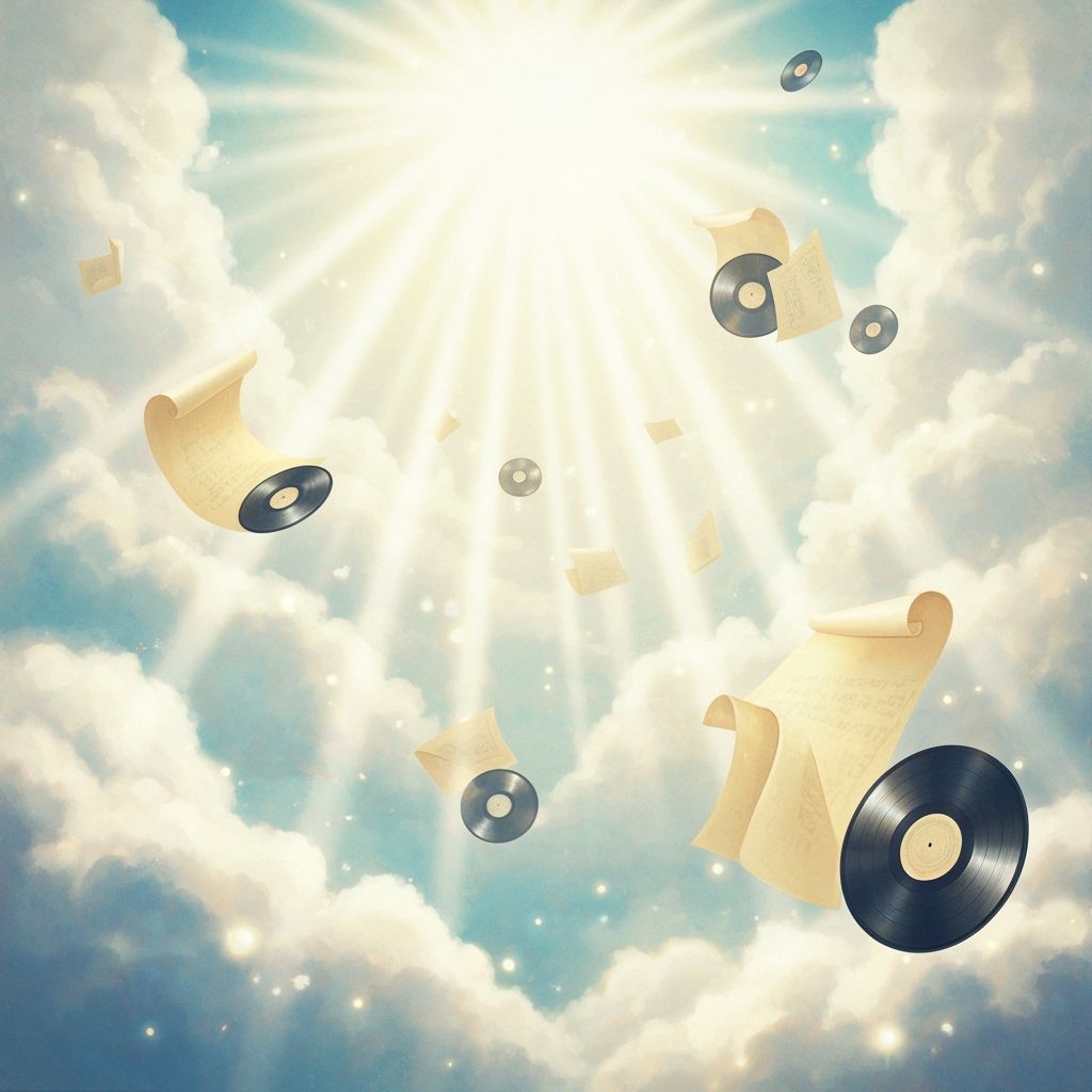 Ethereal Archive of Floating Vinyl Records in Divine Light