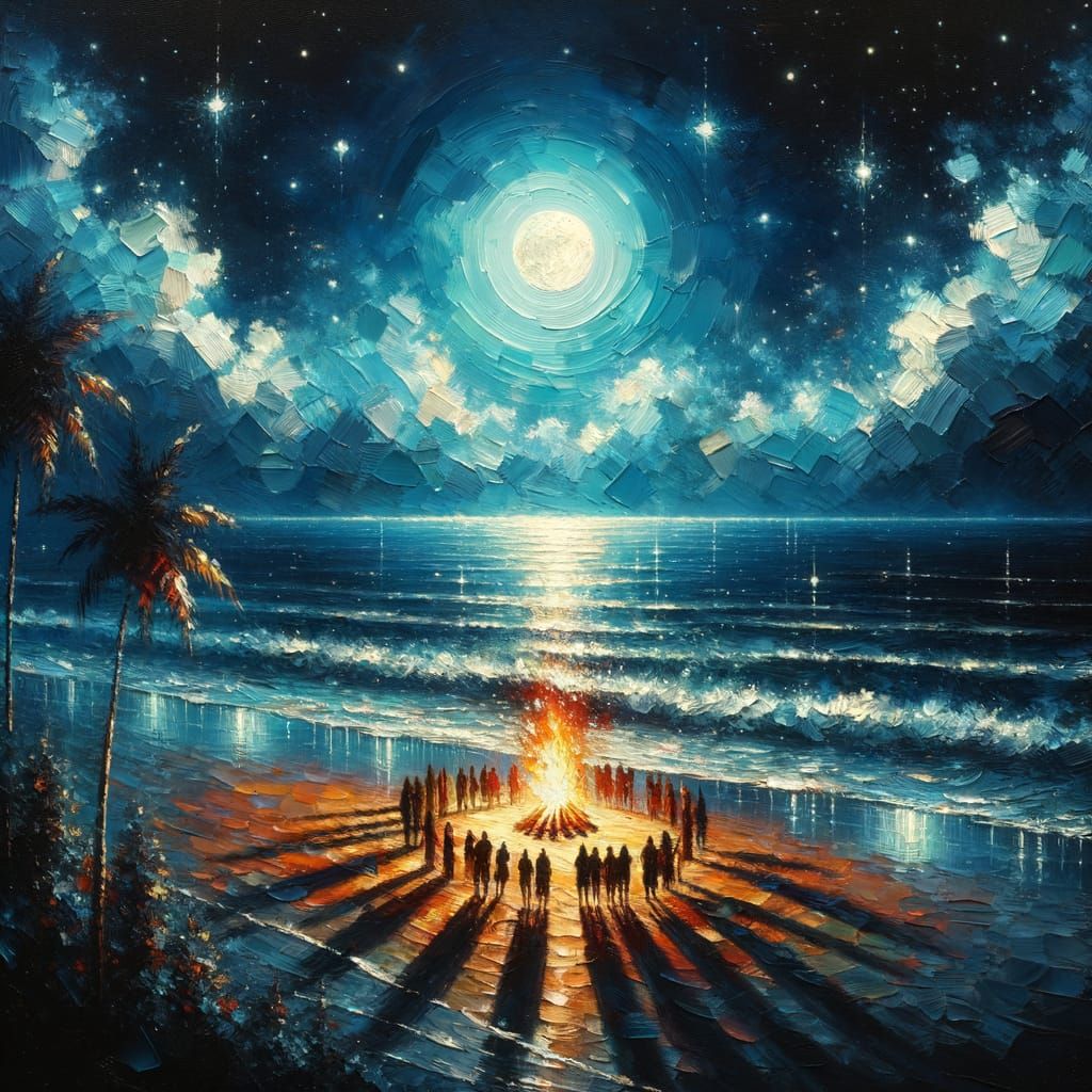 Dreamy Beach Campfire Under Moonlight, as Oil Painting