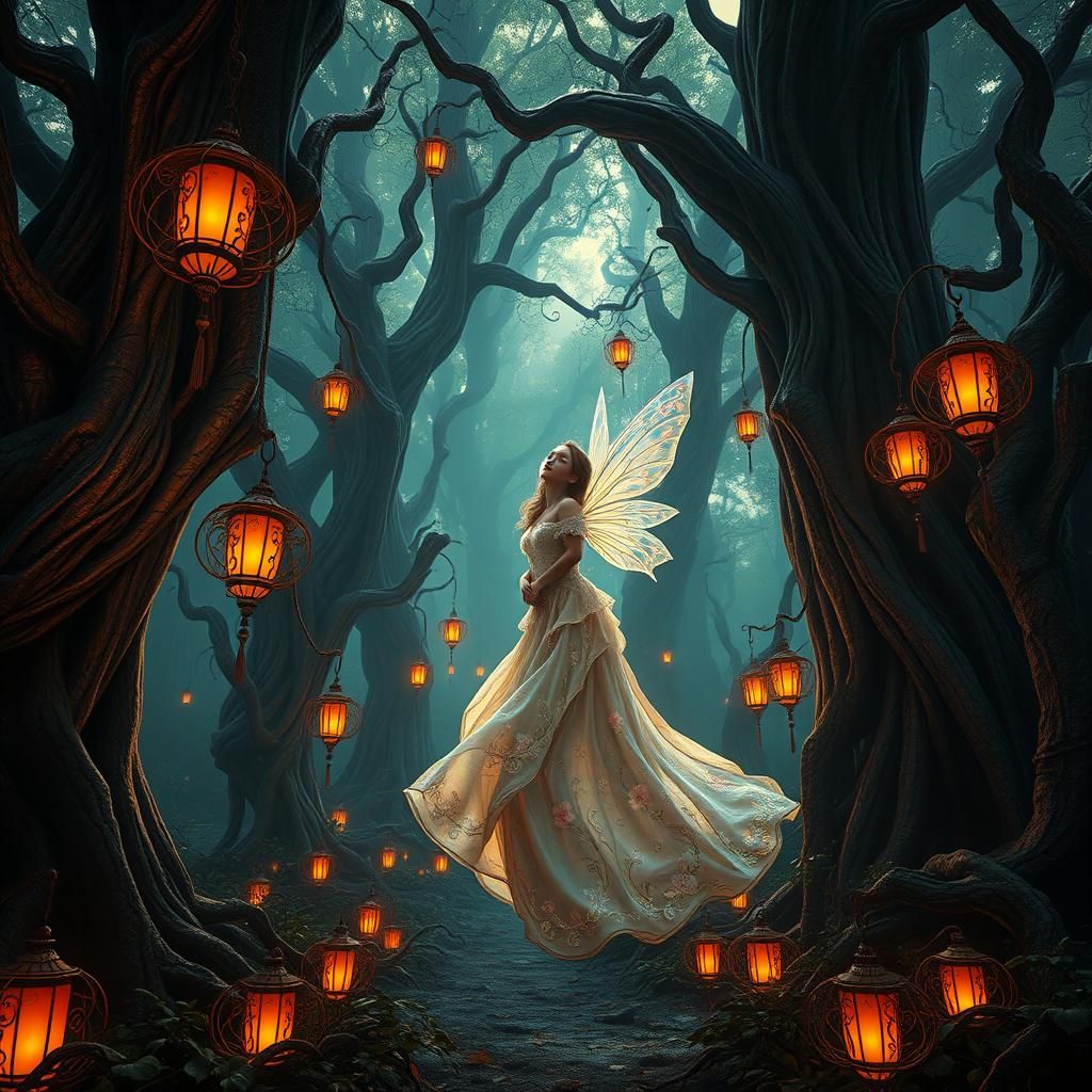 A fairy in an enchanted forest with very tall trees and a di...