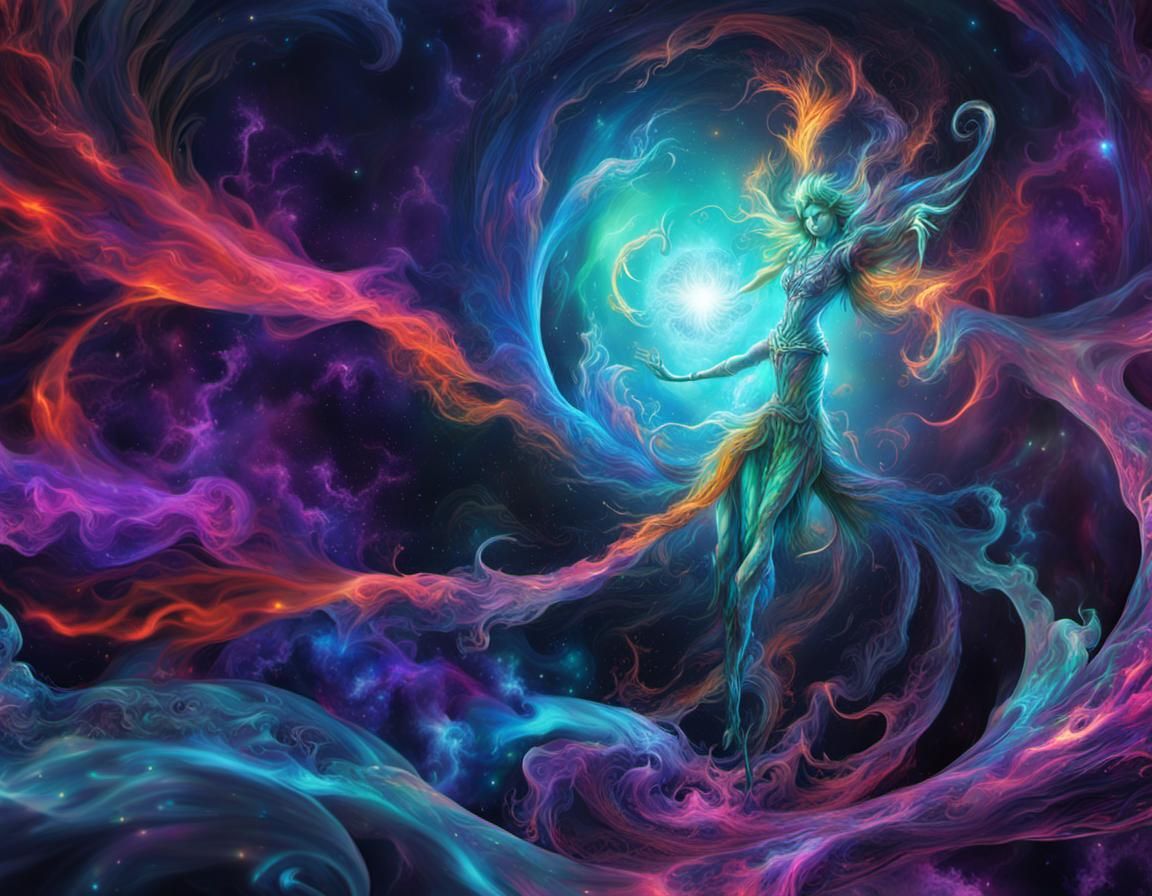 Ethereal Female Chaos Deity: Holographic Astral Illustration