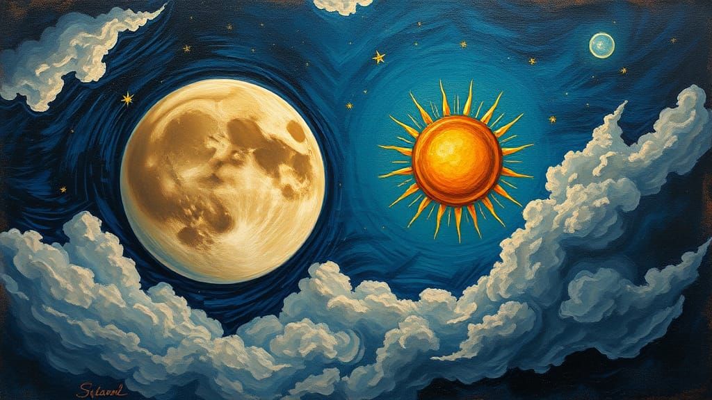 3D Moon and Sun Oil Painting with Faces