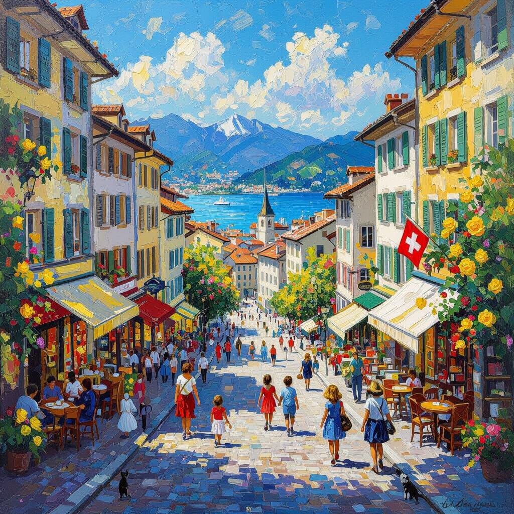 Bustling Geneva Summer Day Impasto Oil Painting