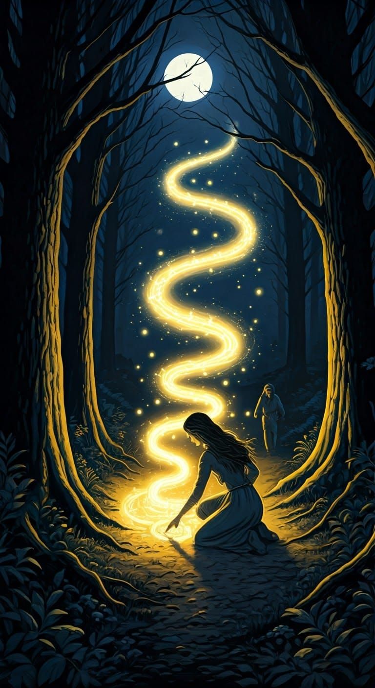 Fantasy Art: Woman Kneeling in Moonlit Clearing