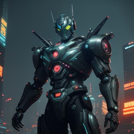 Colossal Kamen Rider in Cyberpunk Metropolis