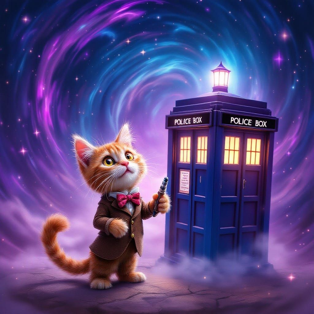 Steampunk Cat Stands Beside Vibrant TARDIS in Whimsical Drea...