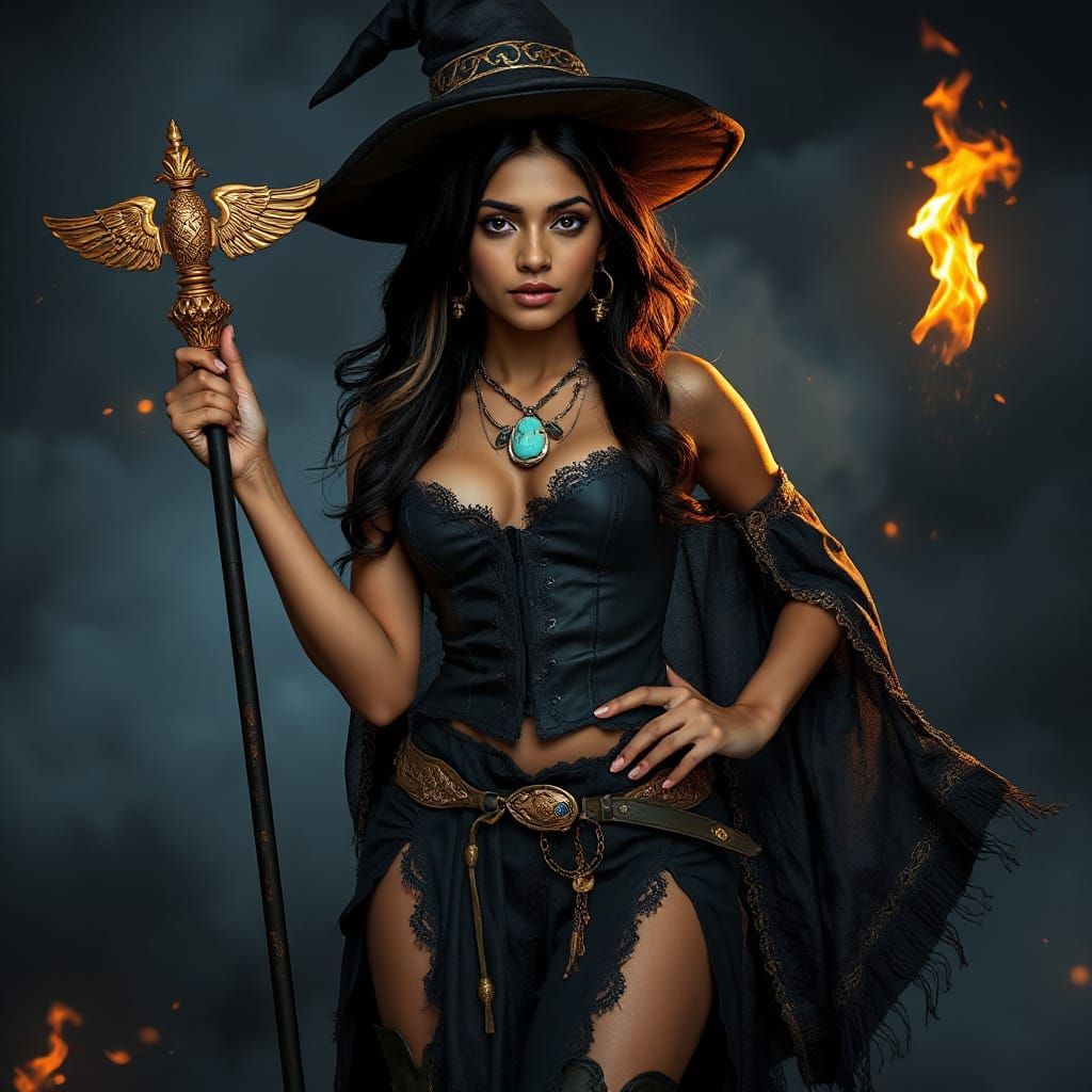 Punjabi Woman Conjurer with Fiery Staff and Torch