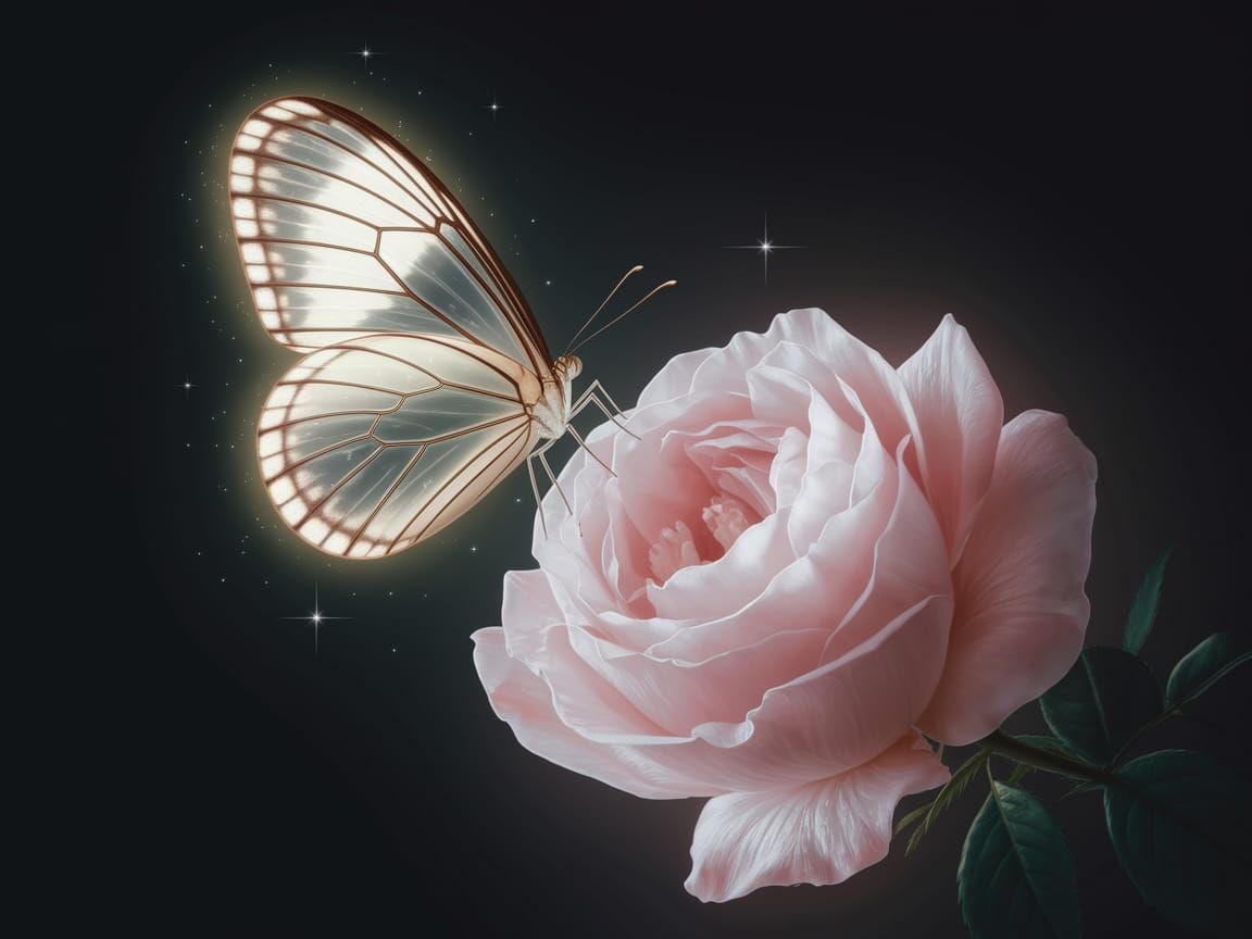 Glowing Butterfly and Rose in Realistic Fantasy Style