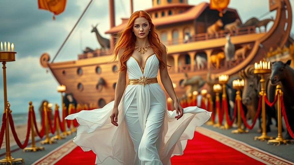 Goddess Emerges from Red Carpet, Majestic Ark in Background