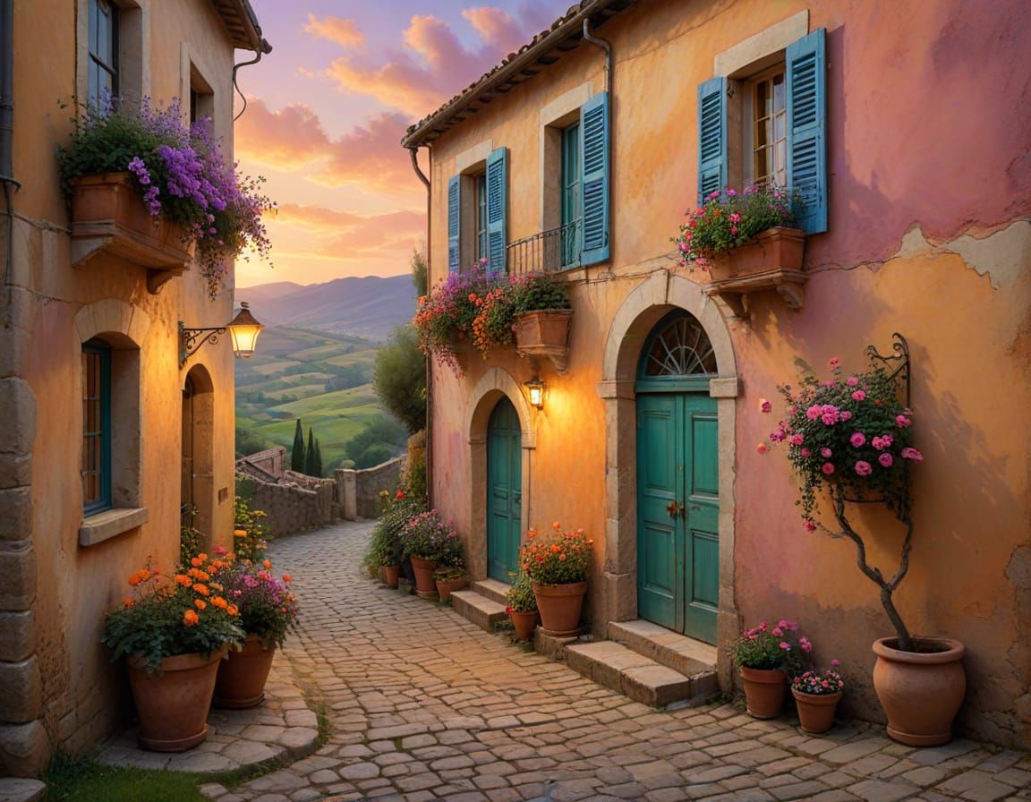 Oil Painting of European Village Street at Sunset