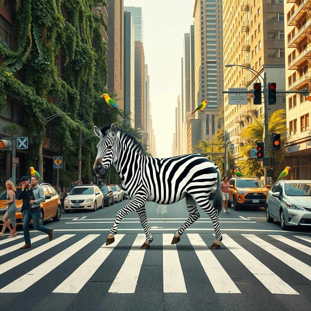Urban Jungle Zebra Blends into City Crosswalk in Whimsical S...