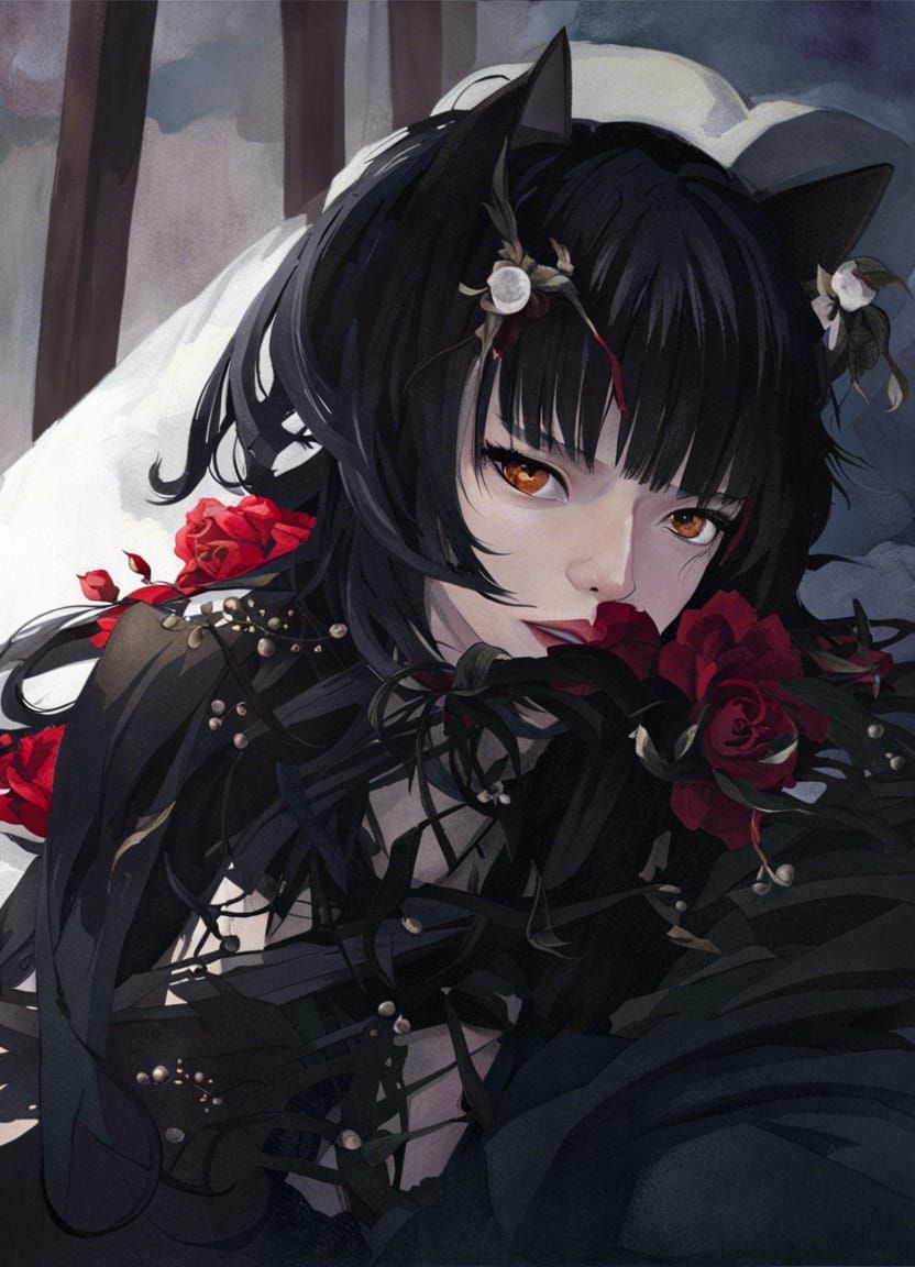 Anime Woman in Gothic Dress with Red Eyes