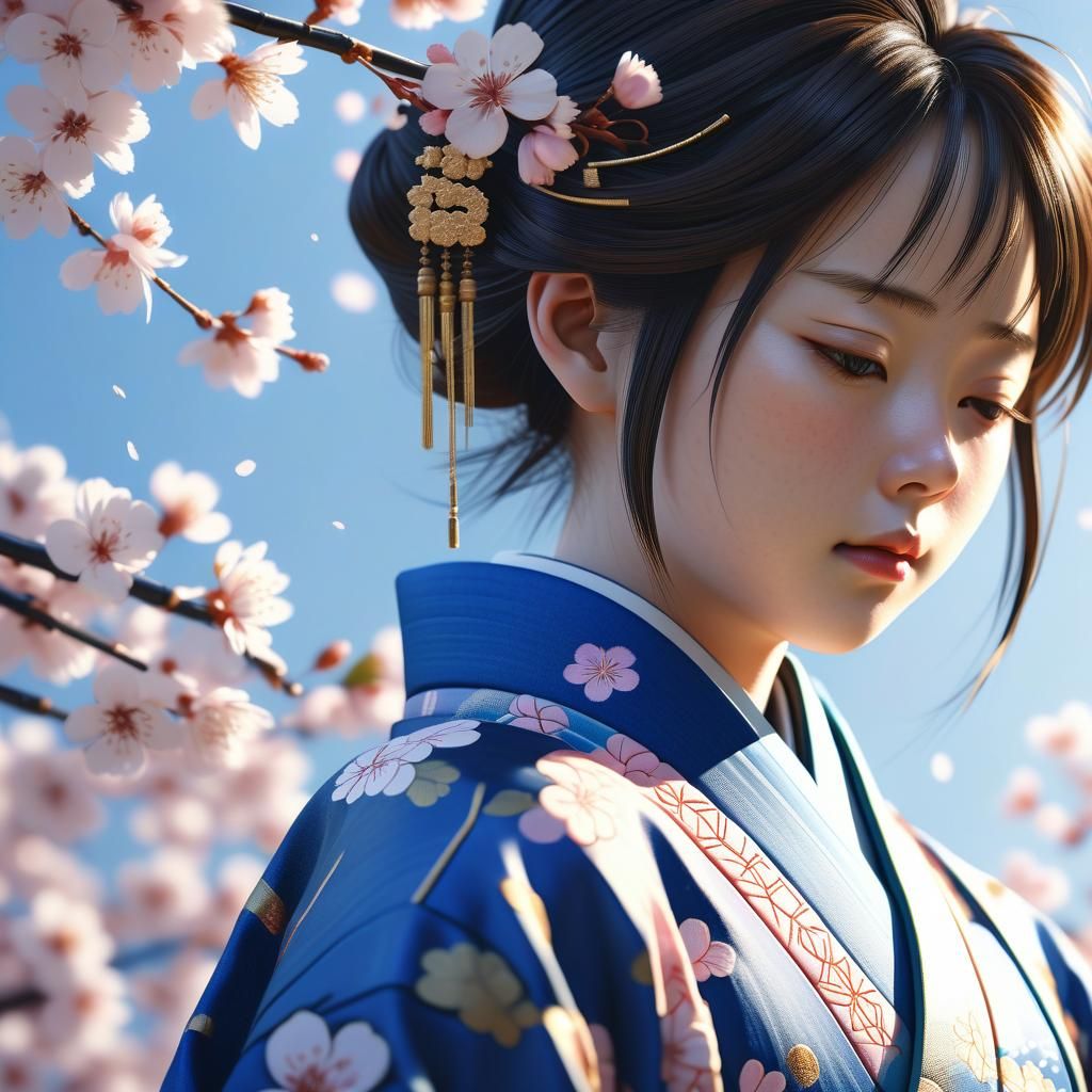 Woman in Blue Kimono: Anime-Inspired Digital Art
