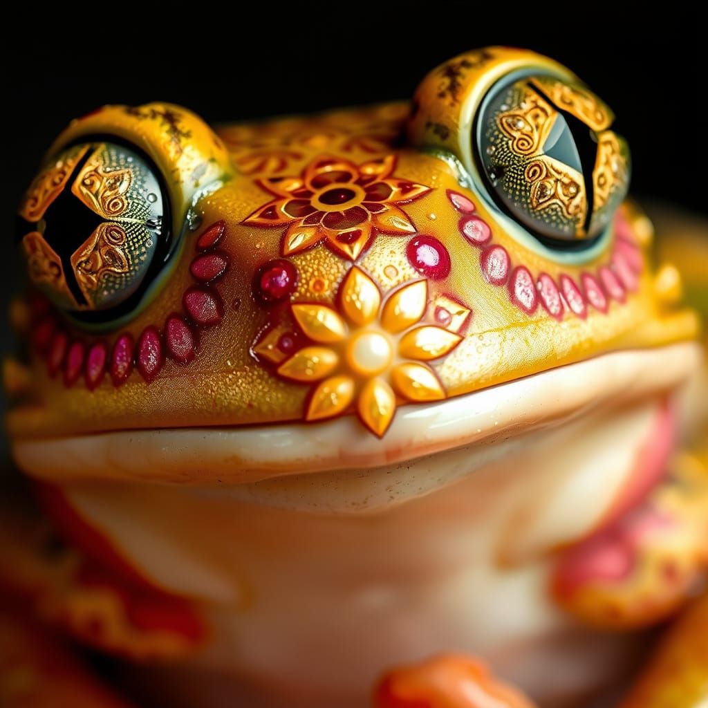 Macro Photograph of Ornate Frog Face with Botanical Details