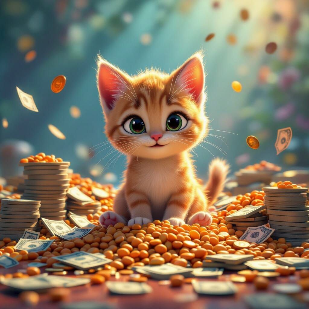 Baby Cat Surrounded by Food and Money in 3D Digital Art Styl...