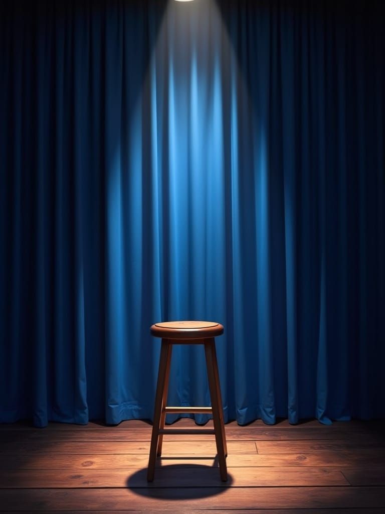 small comedy club stage with parted blue curtains and a tall...