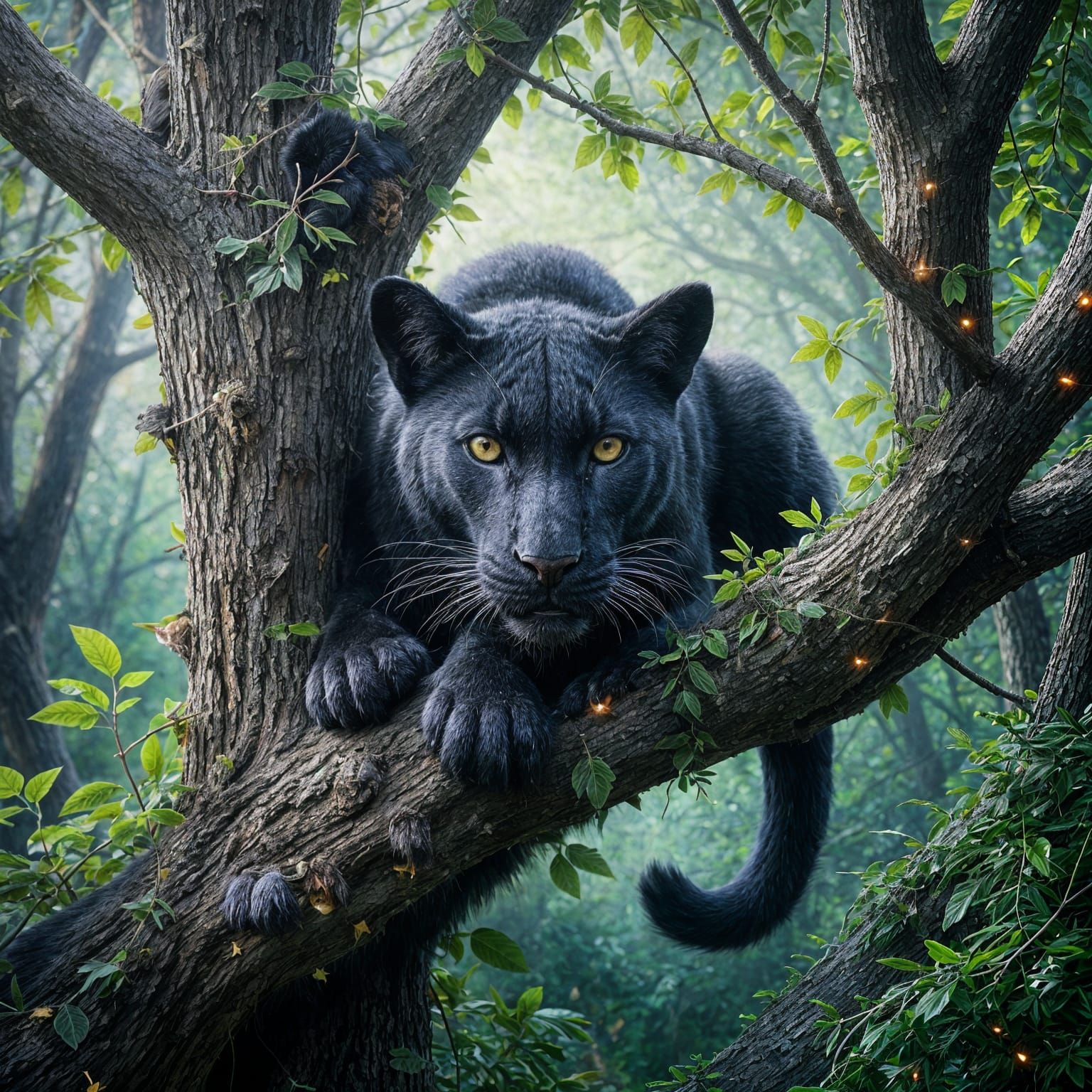 Black Panther in Tree as Impasto Oil Painting