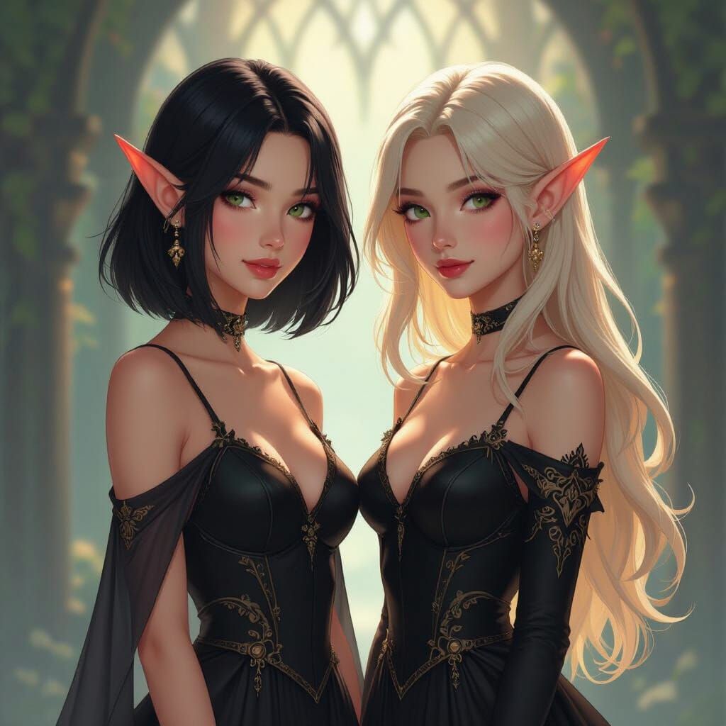Elf Twins With Contrasting Hairstyles in Fantasy Art Style