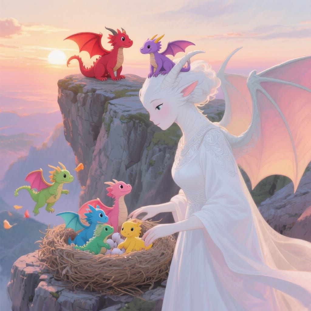 Dragon Mother and Babies at Sunset, Storybook Art