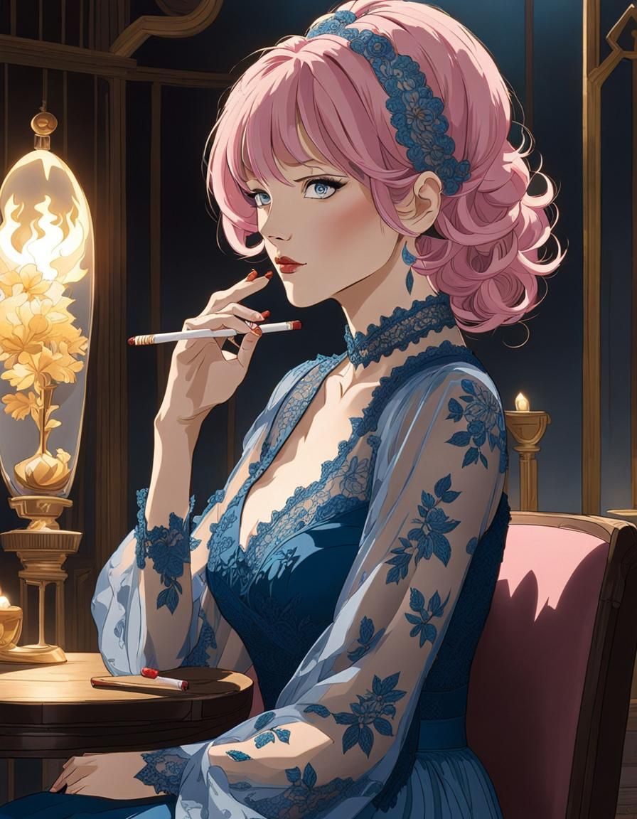 Pink-Haired Woman in Blue Lace, Moebius Ghibli Style