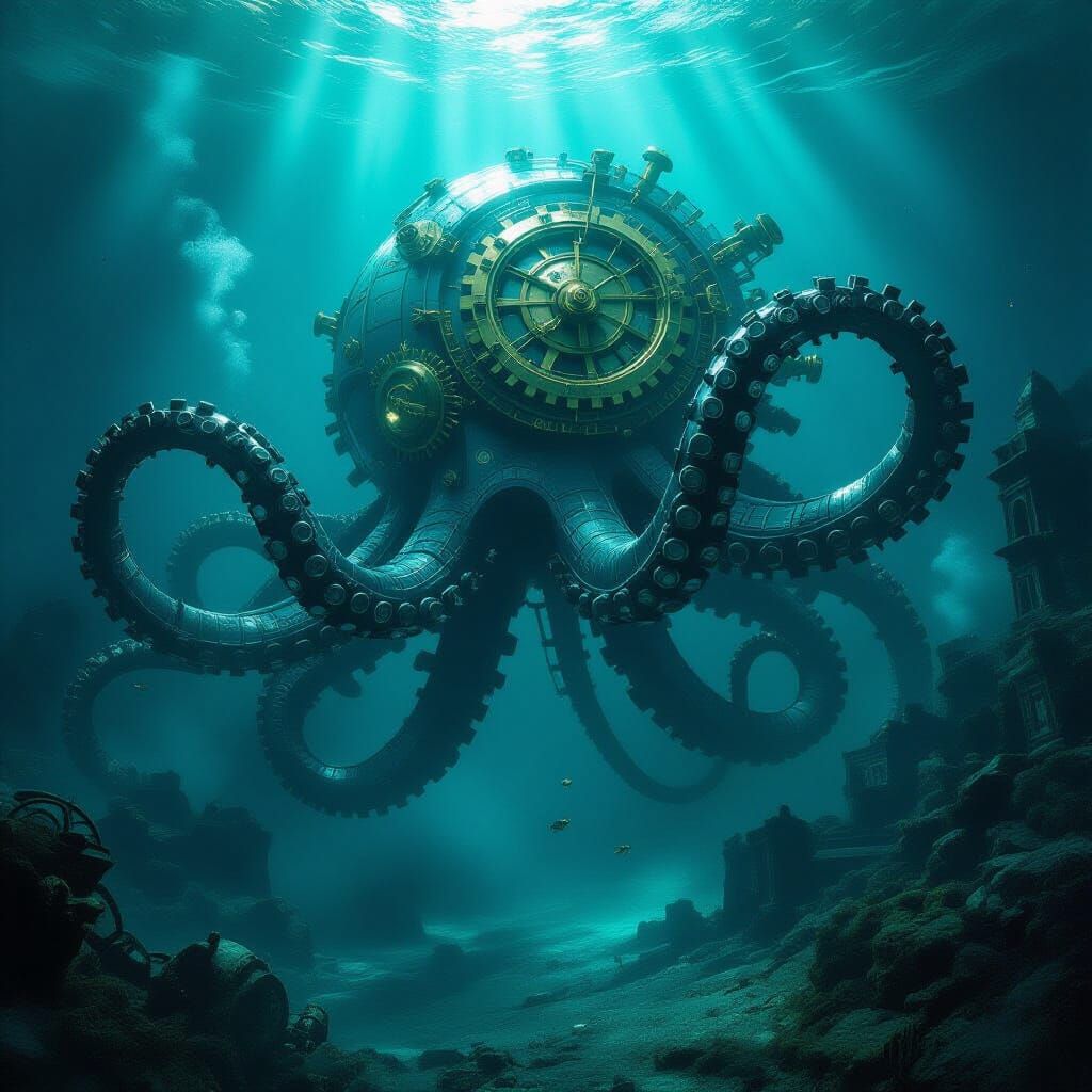 Clockwork Kraken Emerges from Bioluminescent Trench