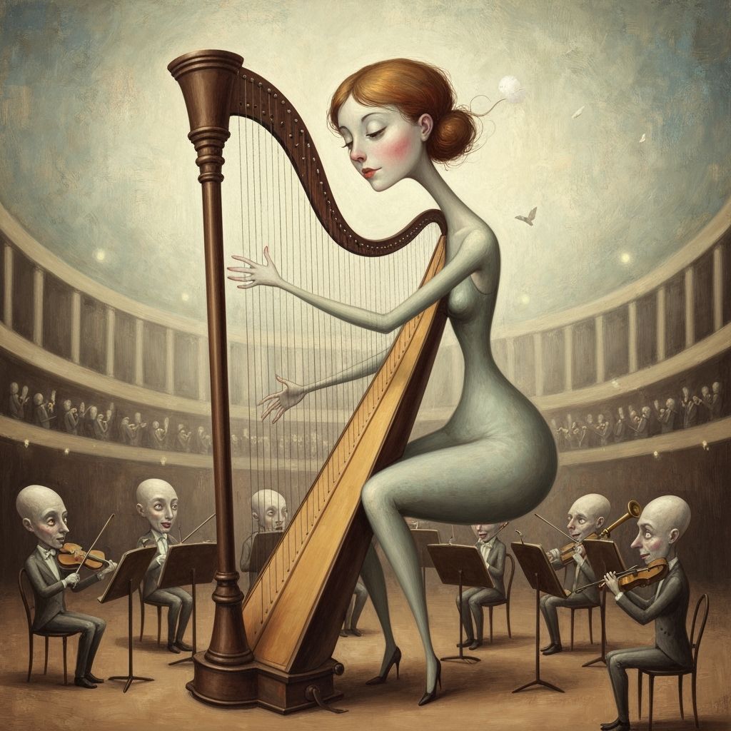 Surreal Harpist Performs for Strange Musicians in Grand Hall