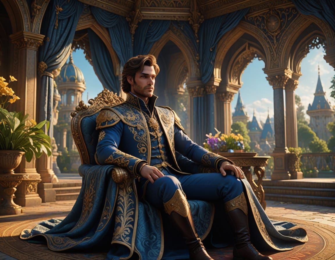 Ethereal Prince in Regal Canopy Amidst Majestic Palace and G...