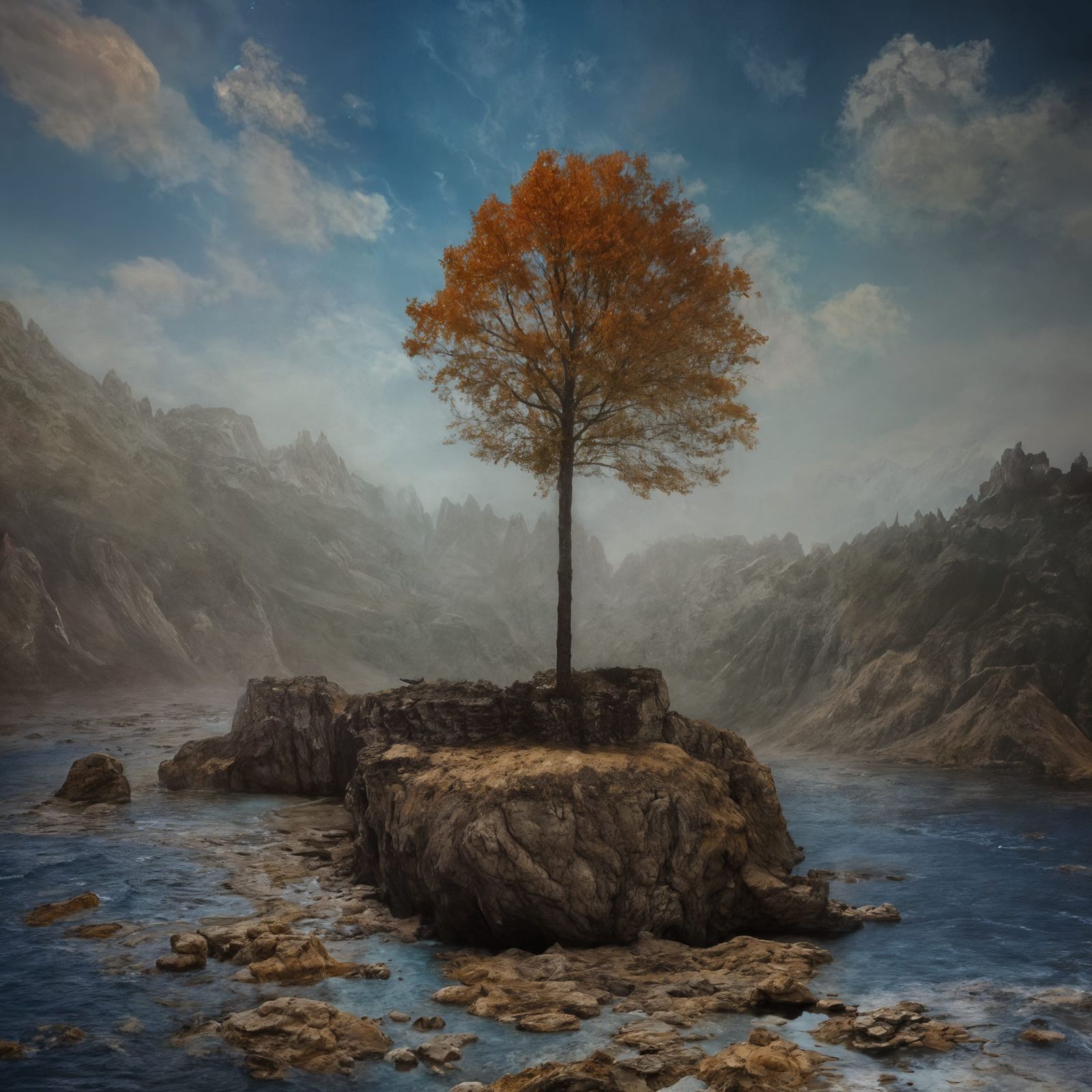 Golden Detailed Tree in Magical Realism Style