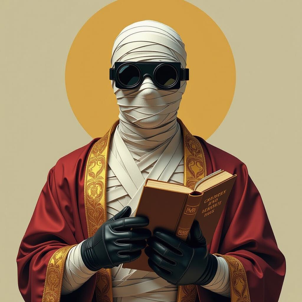 Bandaged Figure in Versace Robe Reads Physics Book