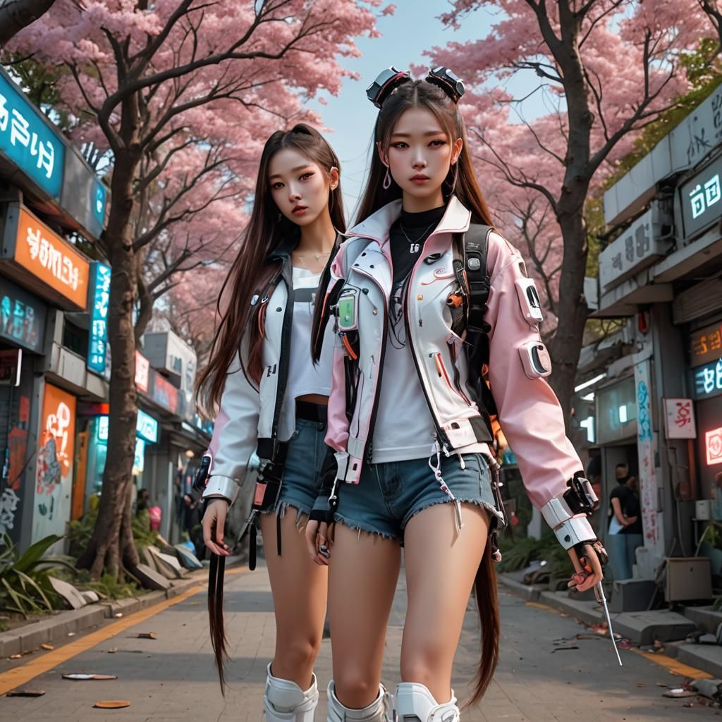 Cyberpunk Korean Robot Girl with Long Ponytail