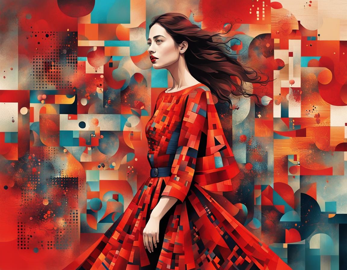 Woman in Flowing Red Dress: Abstract Digital Art