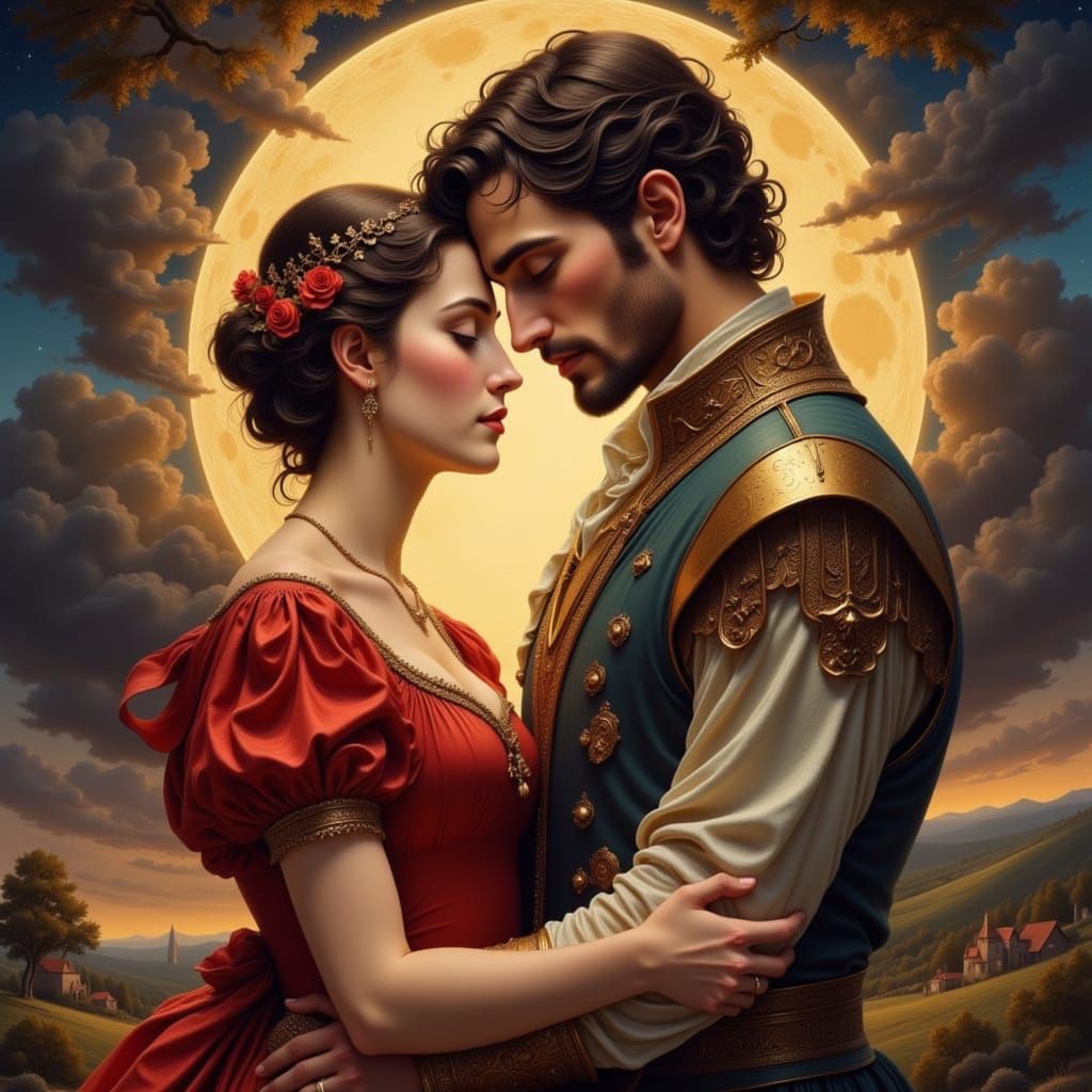 Romantic Renaissance Couple Embracing Under Moonlight