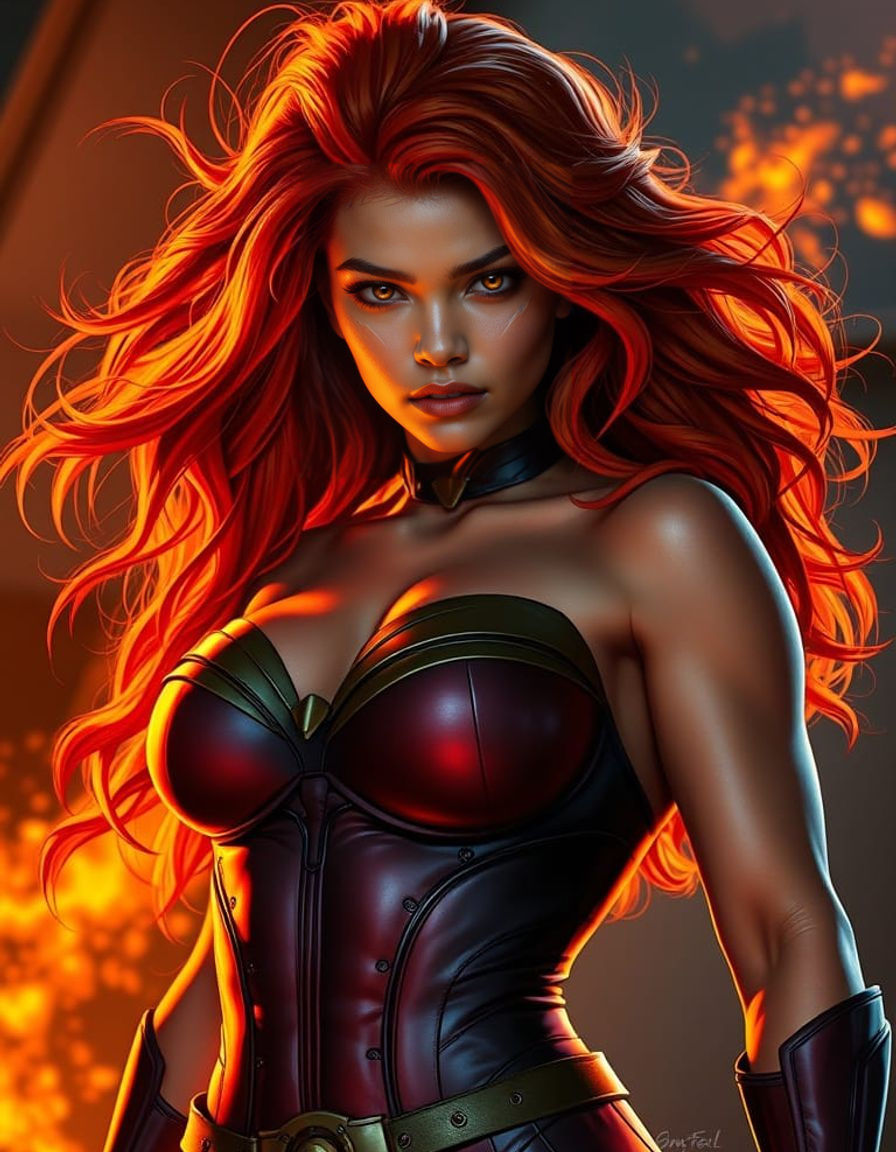 Alien Superheroine with Fiery Hair: Cinematic Concept