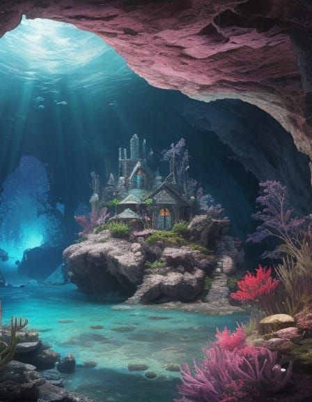 Underwater Mermaid in Hidden Grotto, Fantasy Concept Art