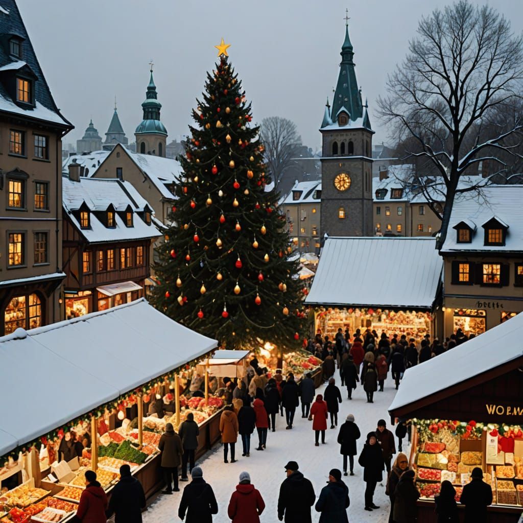 Winter Market Scene in Vibrant Colors and Whimsical Details