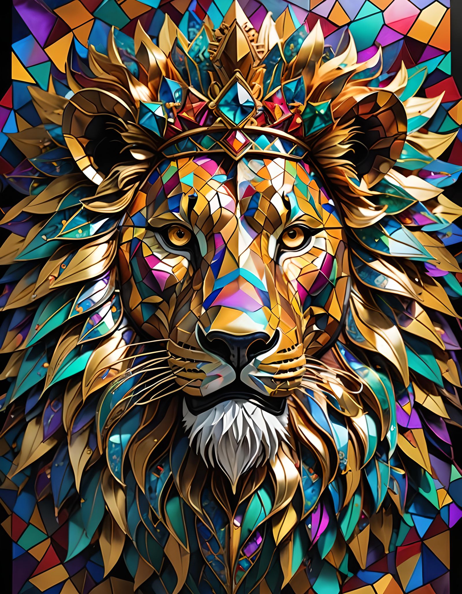 Geometric Lion Head in Cubist Art Deco Style