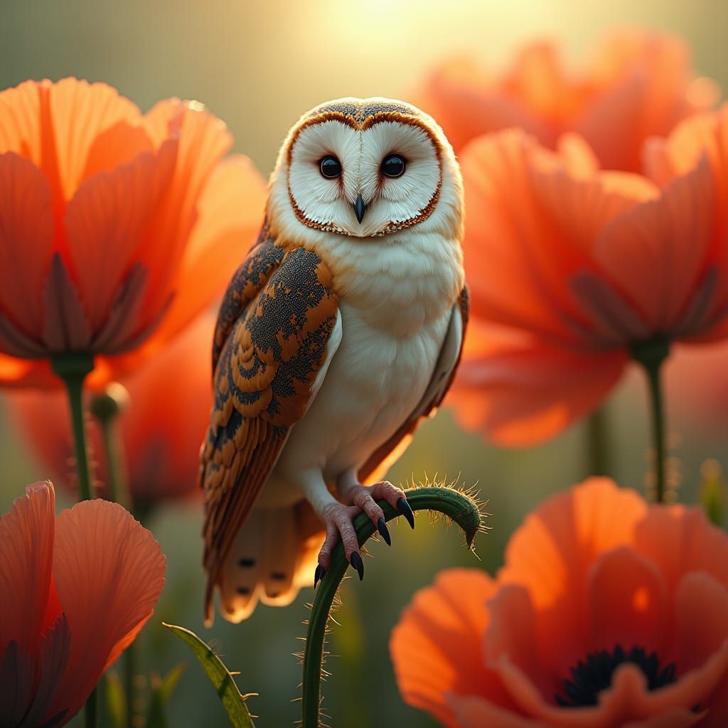 Barn Owl in Poppy Field: Fantasy Concept Art