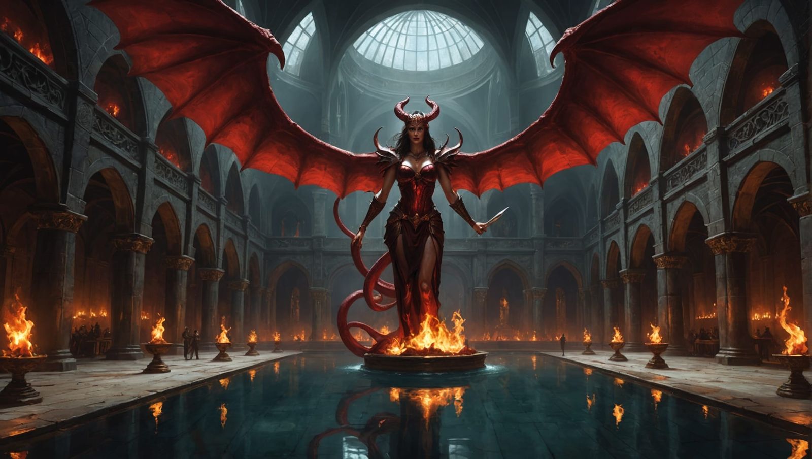 Demonic Gathering in Arched Chamber, Dark Fantasy Art
