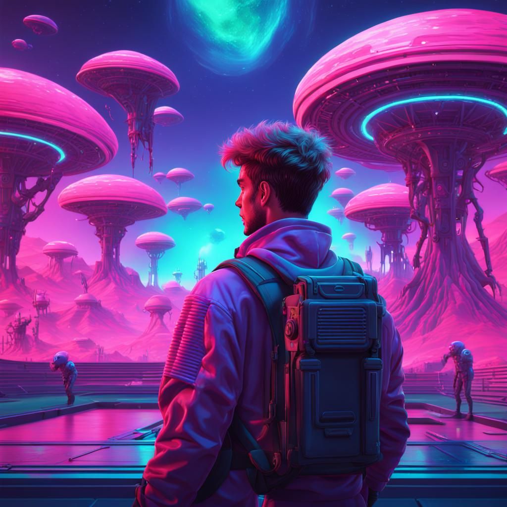 Vaporwave Man Talks with Aliens: Detailed Matte Painting