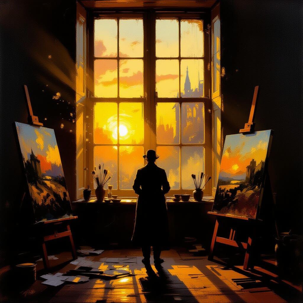 Oil Painting of End of Day Reflection in Golden Hour Light