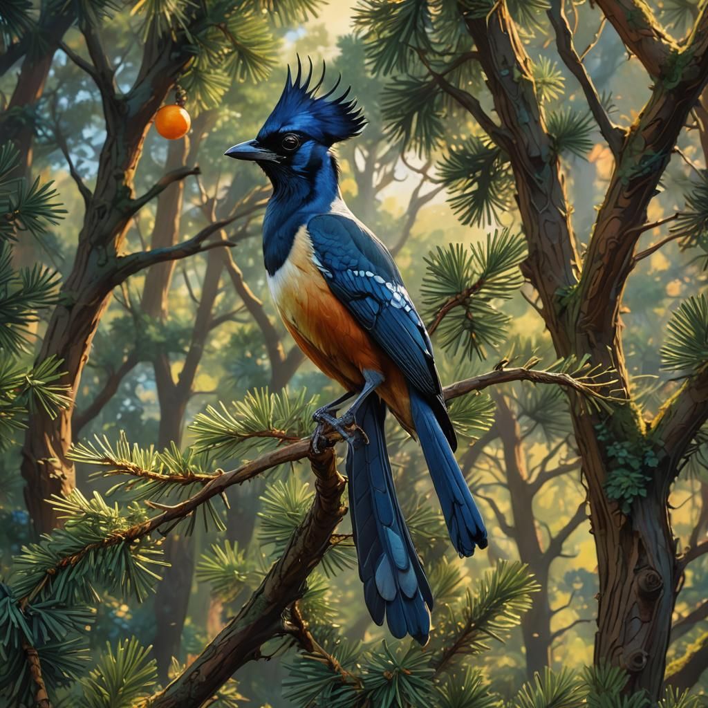 Crested Jay in Pine: Detailed Matte Painting