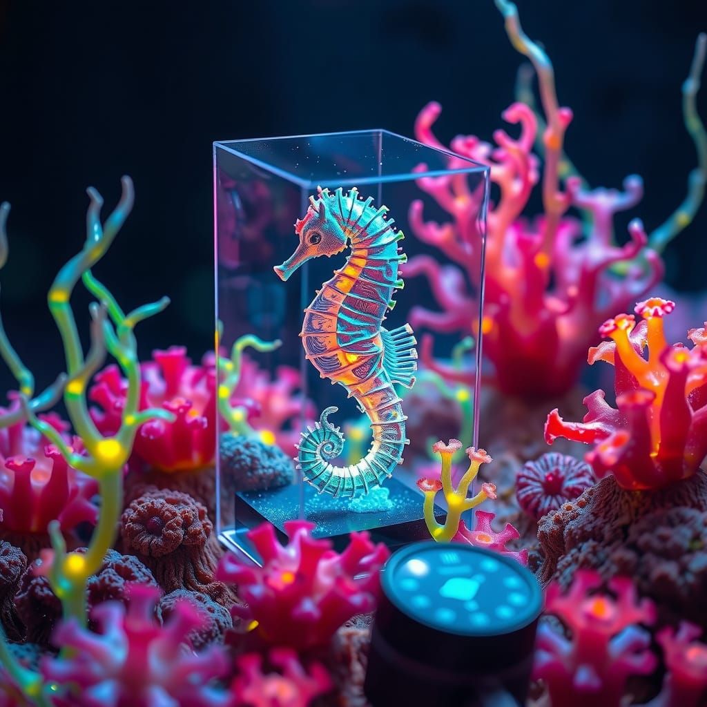 Ferrofluid Seahorse in Vibrant Coral Tesseract