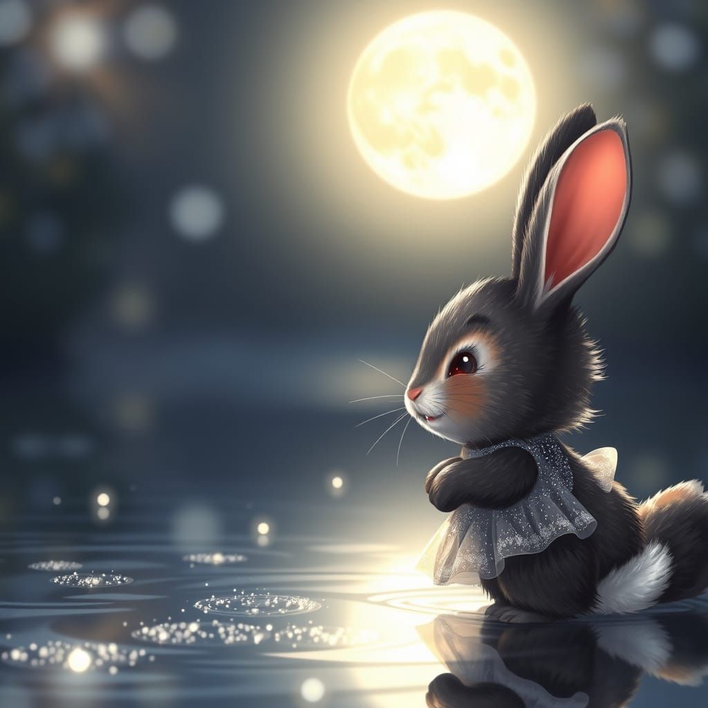 Cute Bunny Giggles at Moonlit Pond, Manga Illustration
