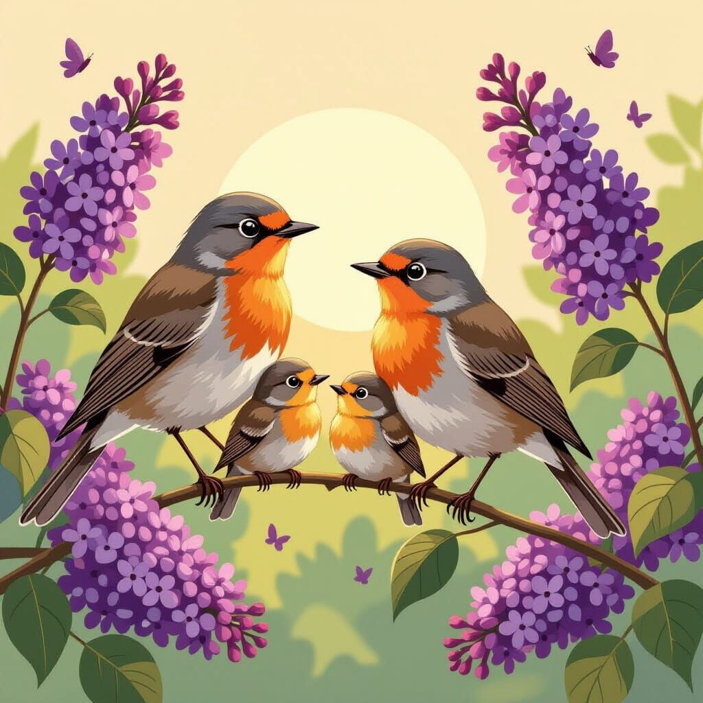 Robin Family in Lilac Tree, in Modernist Style