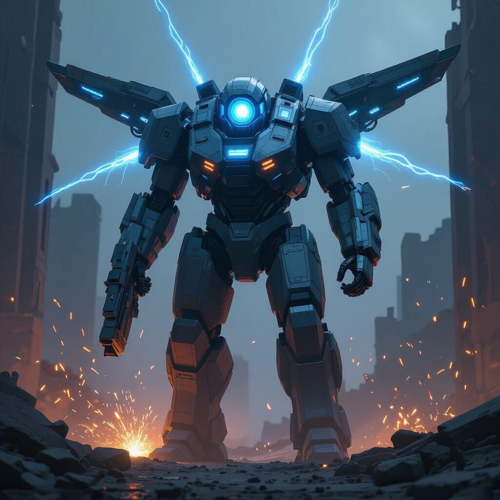 Titan Cameraman in Futuristic Battlefield, Cyberpunk Aesthet...