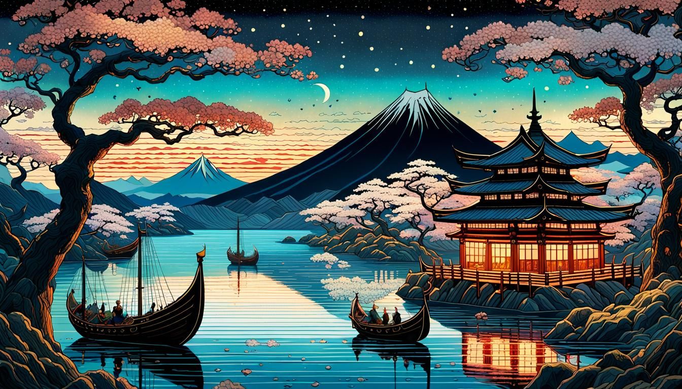 Viking Ships in Starry Japanese Landscape