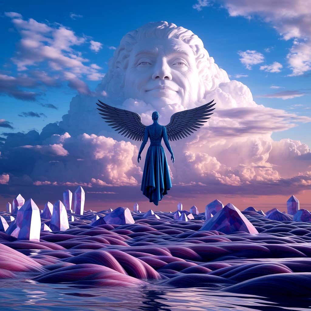 Winged Figure in Hyperrealist Crystal Dreamscape